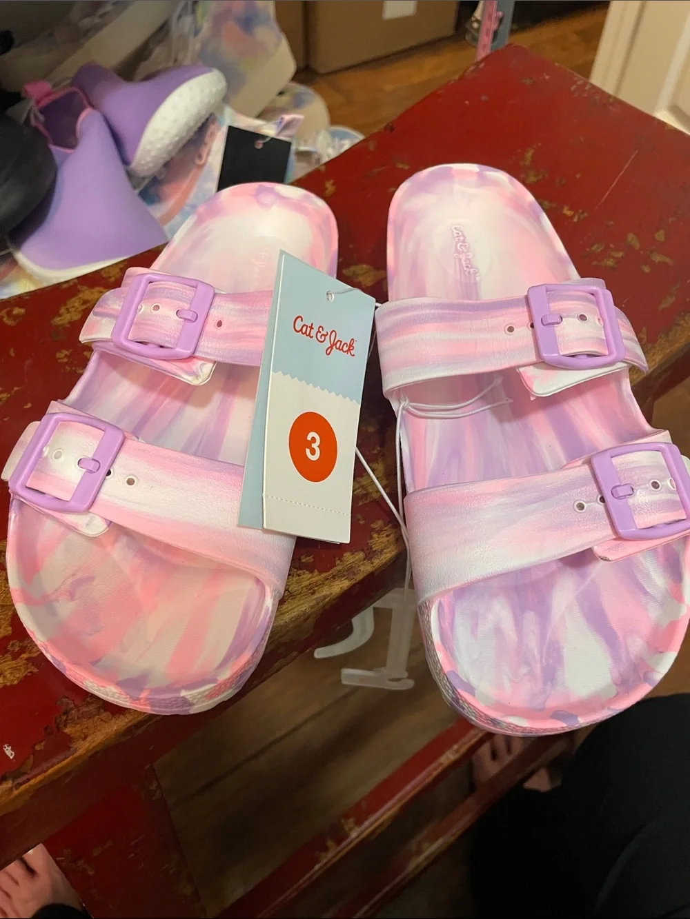 Cat & Jack Girls' Pastel Pink & Purple Tie-Dye Double-Buckle Slide Sandals